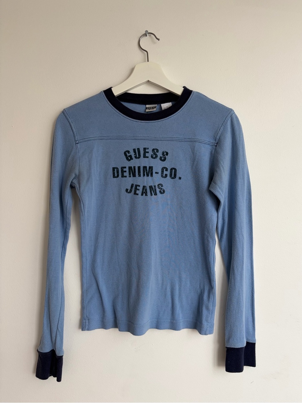 Guess Denim Co. Jeans Vintage Long Sleeve Ringer Baby Tee Blue Contrast Y2K